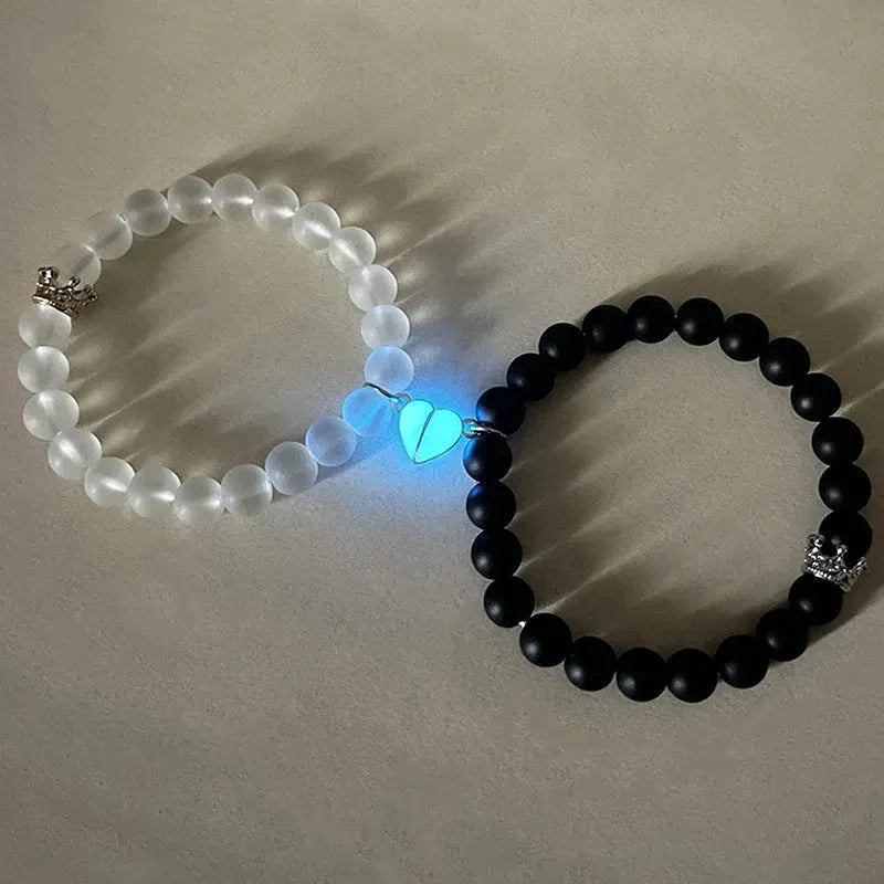 Fashion Jewelry 2pcs Handmade Crown Beaded Charms Bracelet Luminou Heart Glow In The Dark Couple Bracelet For Lover Men Women Fluorescent Gift - Bellarte Enchanté Fashion Jewelry 2pcs Handmade Crown Beaded Charms Bracelet Luminou Heart Glow In The Dark Couple Bracelet For Lover Men Women Fluorescent Gift